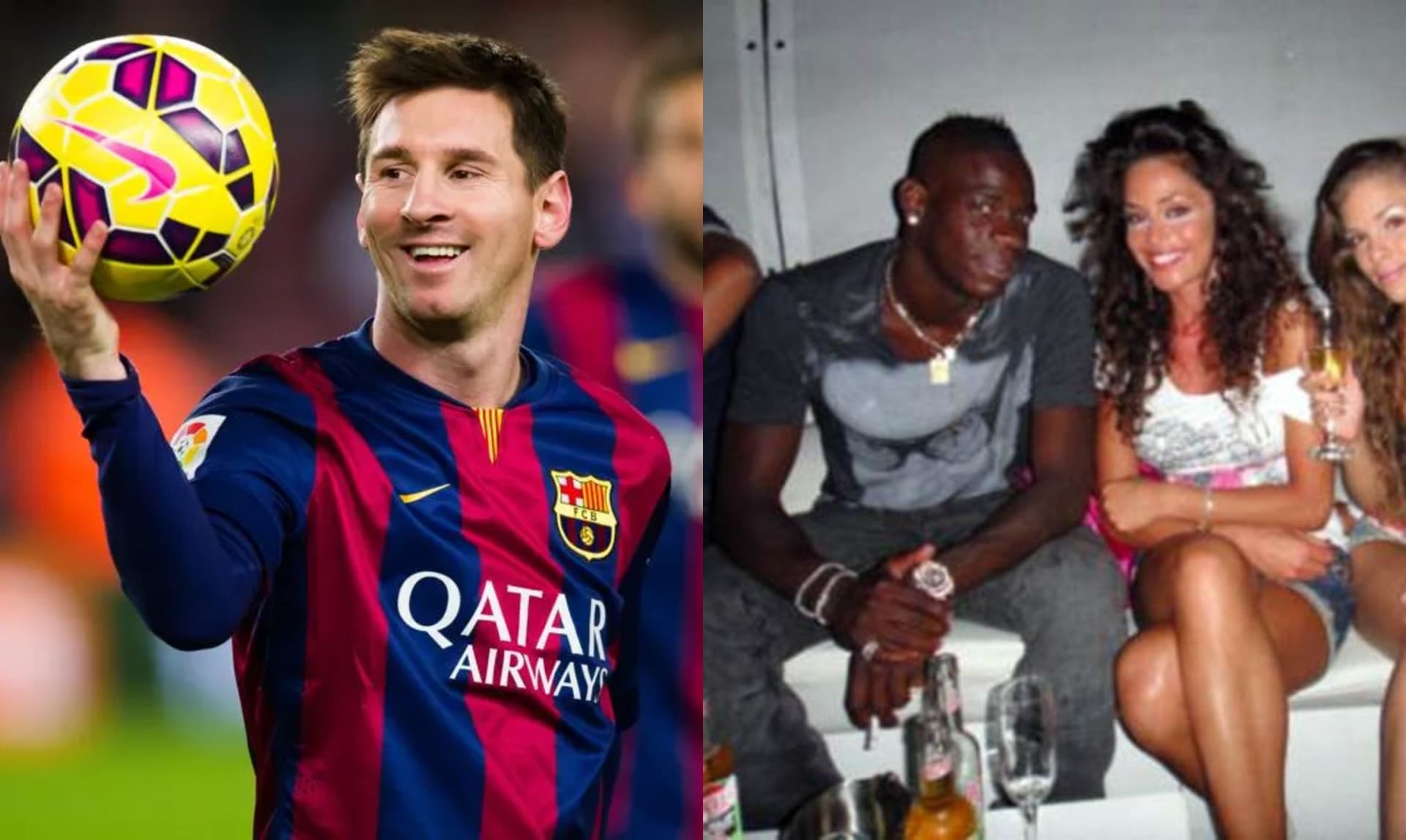 Lionel Messi con la pelota, a la derecha Balotelli en fiesta con mujeres (Fuente: Forbes y Diagonal)