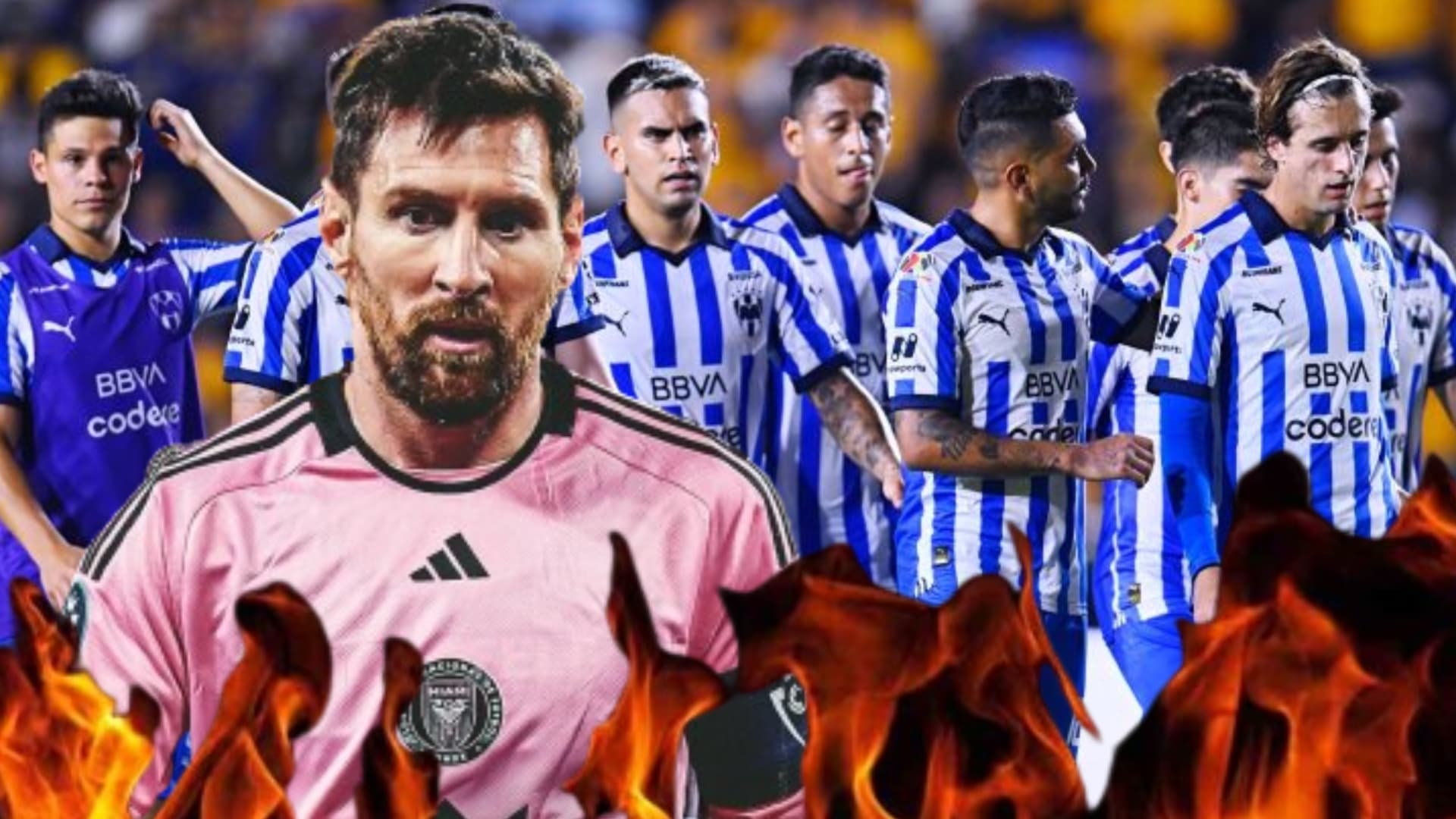Lionel Messi y jugadores de Rayados