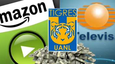 Logo de Amazon y Televisa con escudo de Tigres y millones de dólares/ Foto: Aristegui Noticias