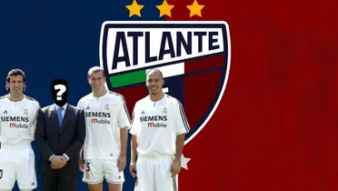 Luis Figo, Zinedine Zidane y Ronaldo junto al escudo del Atlante