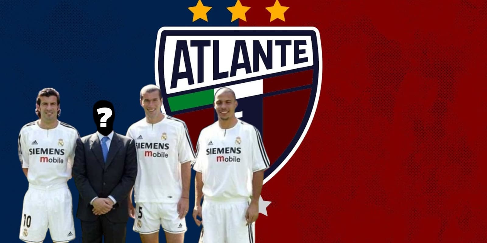 Luis Figo, Zinedine Zidane y Ronaldo junto al escudo del Atlante