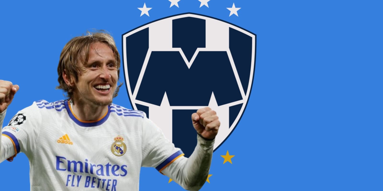 Luka Modric con el jersey del Real Madrid detrás del escudo de Rayados / FOTO Fútbol Total