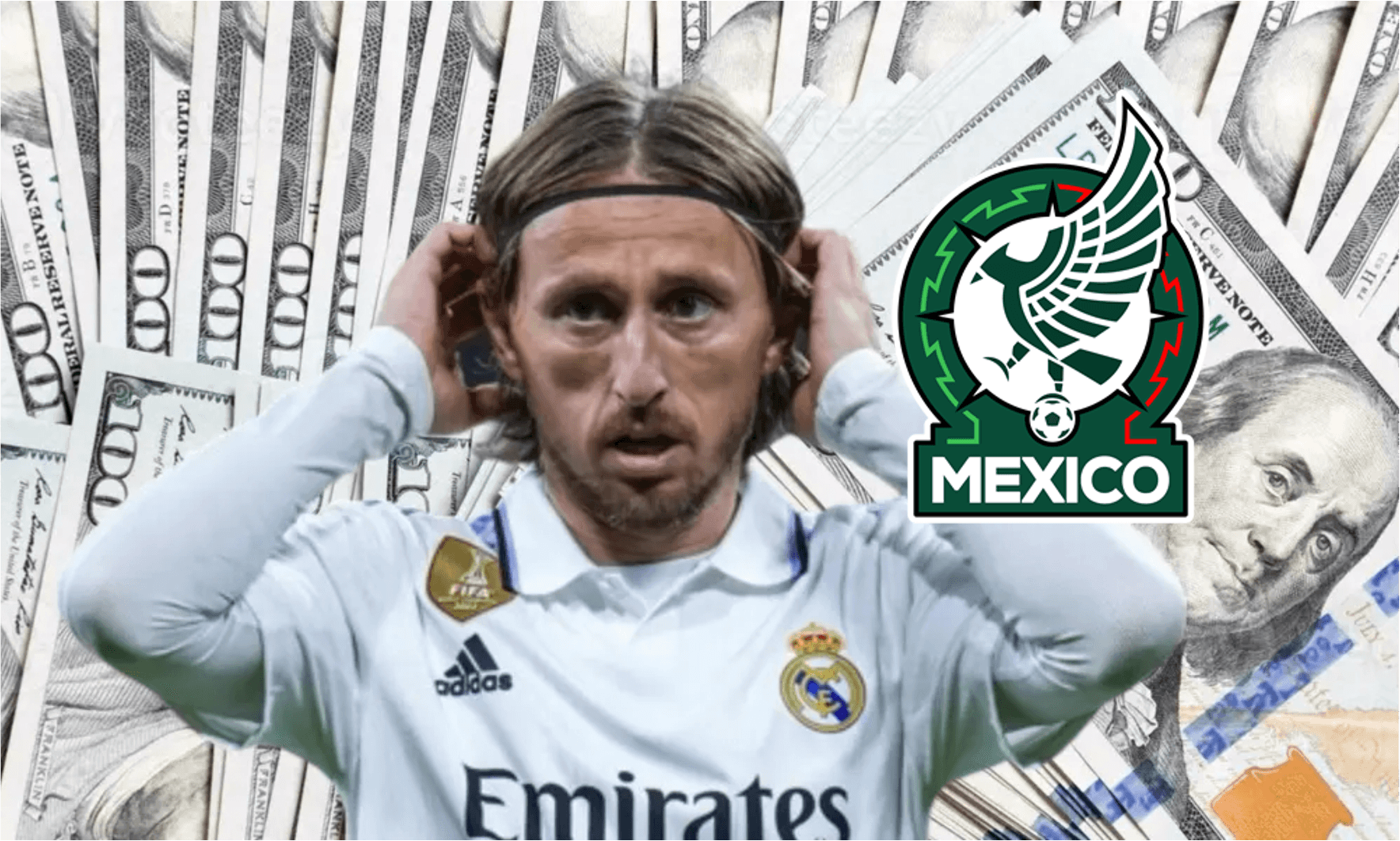 Luka Modric con fondo de dinero y playera de Real Madrid / Soy Madridista