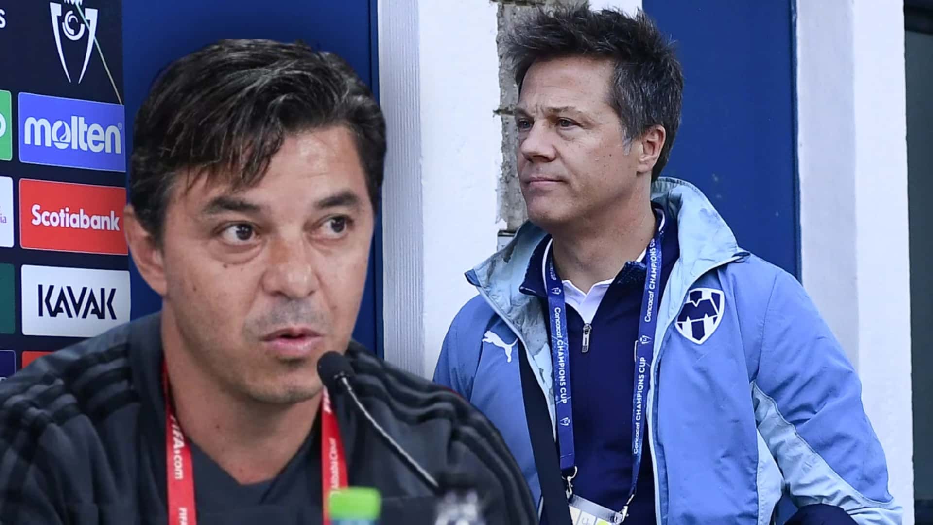 Marcelo Gallardo en conferencia de prensa y Tato Noriega