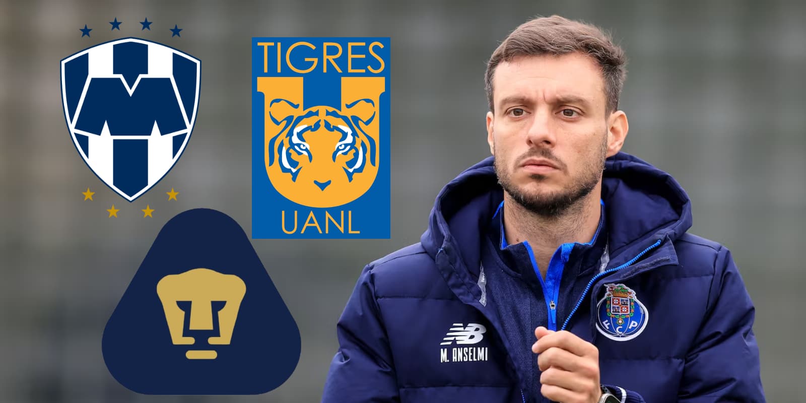 Martín Anselmi junto a los escudos de Rayados, Tigres y Pumas / FOTO DIARIO AS