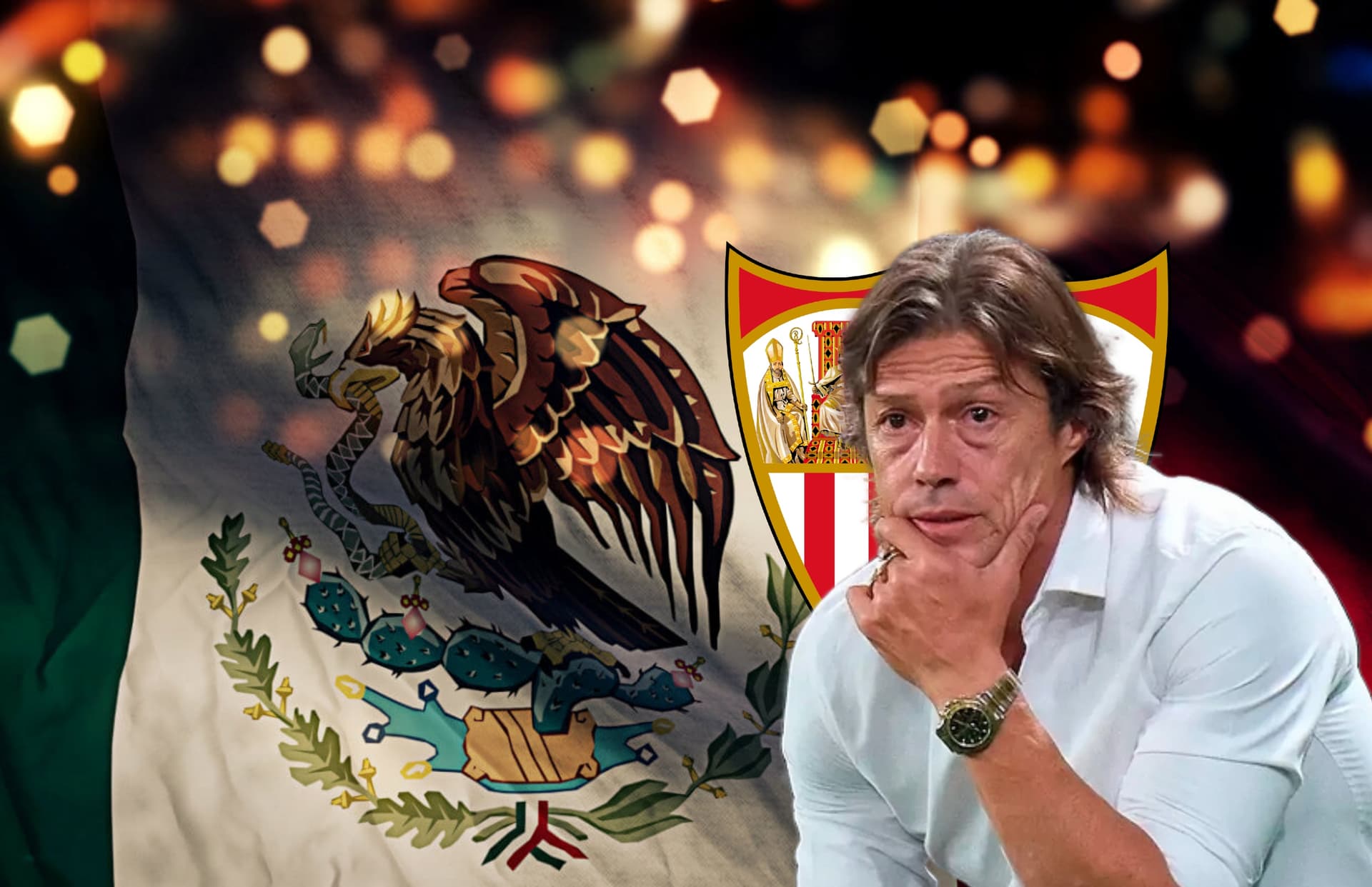 Matías Almeyda y bandera de México/ Foto Gobierno Federal.