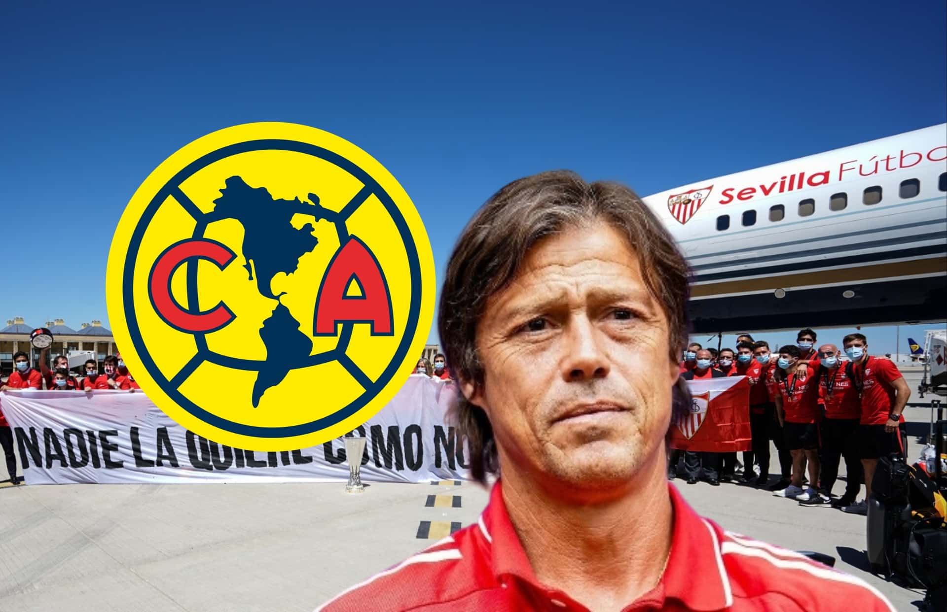 Matías Almeyda y escudo del América/ Foto Sevilla.