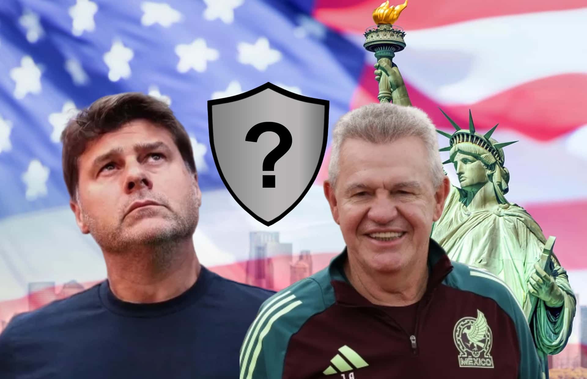 Mauricio Pochettino, Javier Aguirre y escudo sin equipo/Foto Seguridad Latam.