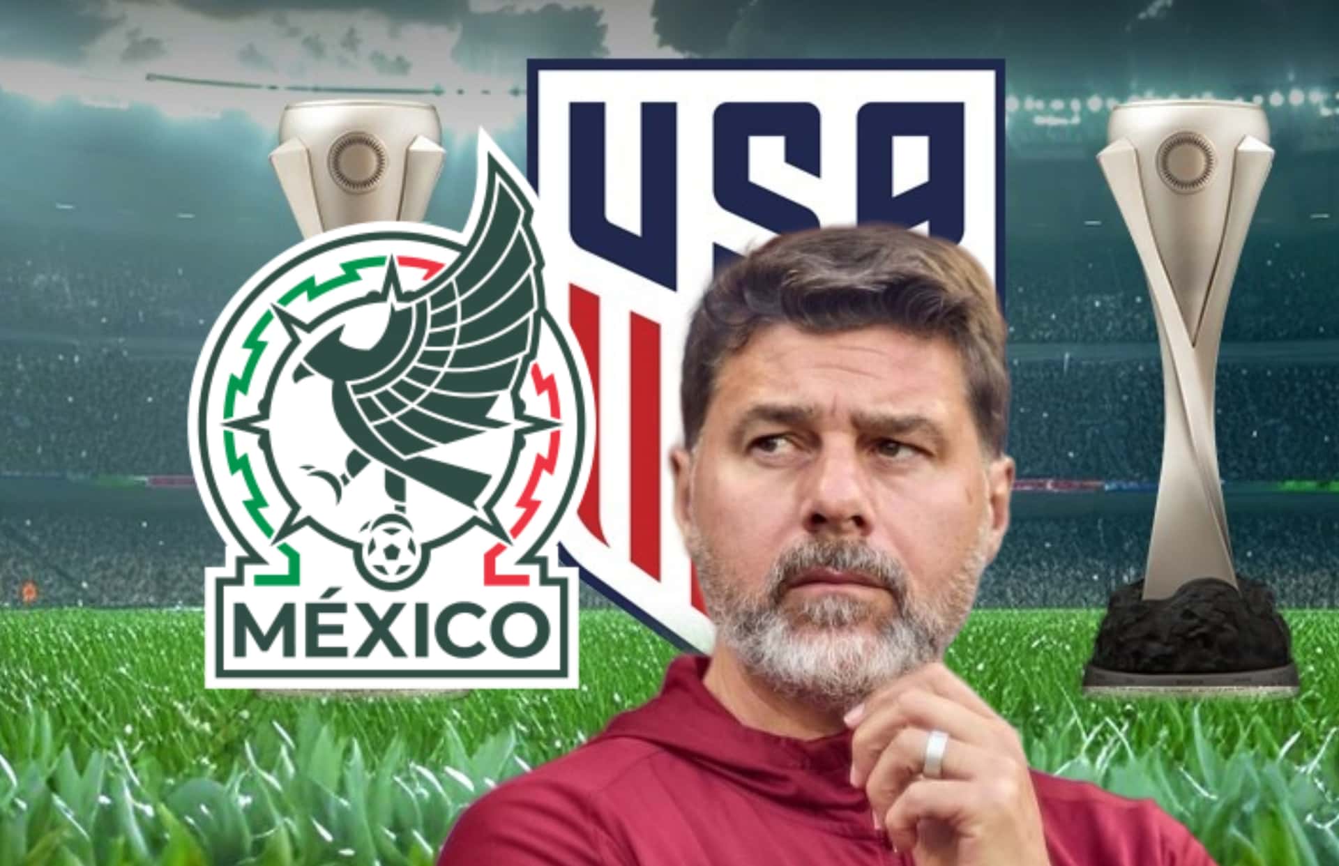 Mauricio Pochettino y banderas de México y Estados Unidos/Claro Sports.