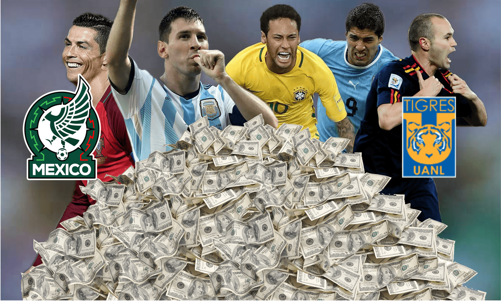 Mejores jugadores del mundo, abajo de ellos dinero, a la izquierda escudo de la FMF y a la derecha escudo de Tigres / Infobae