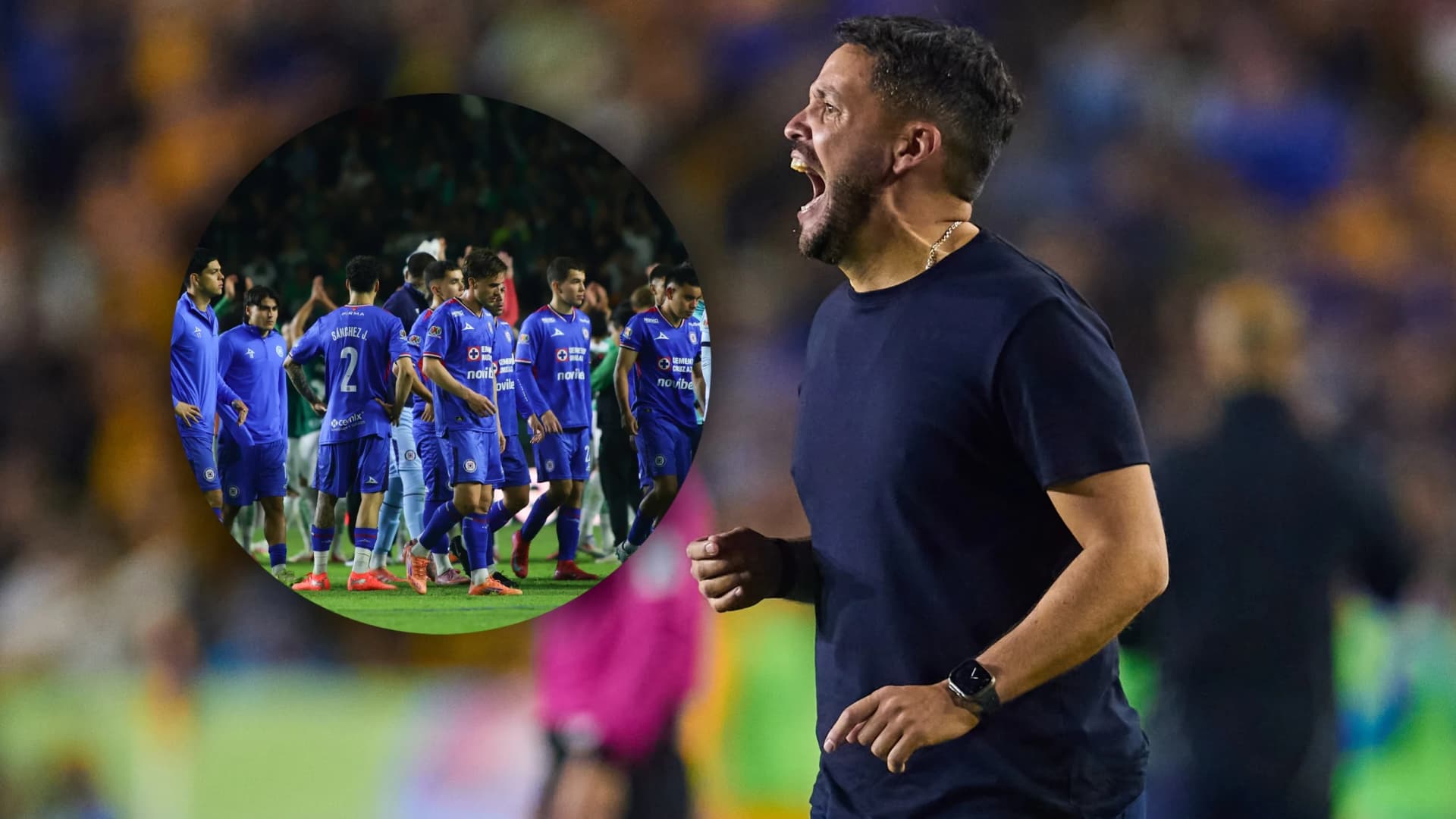 Nicolás Larcamón y los jugadores de Cruz Azul tras la derrota ante León