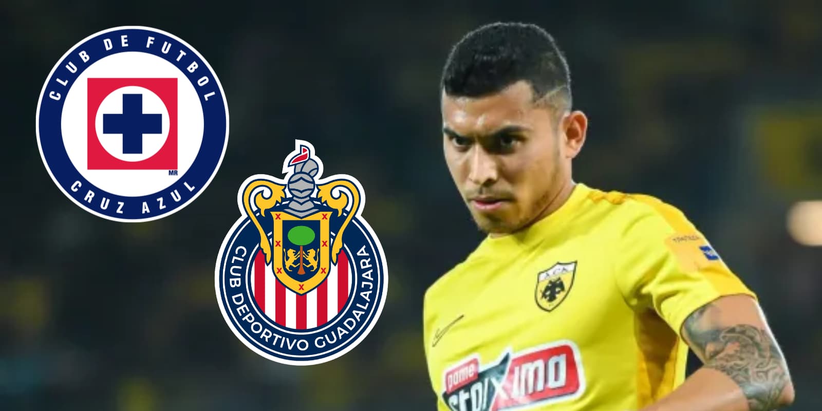 Orbelín Pineda junto a escudos de Cruz Azul y Chivas / FOTO BOLAVIP