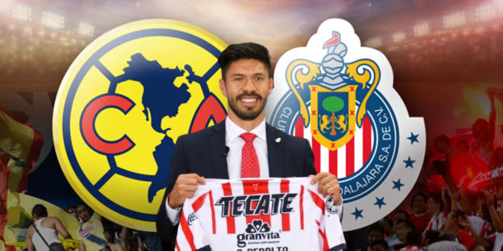 Oribe Peralta junto alos escudos de Chivas y América / FOTO DEBATE