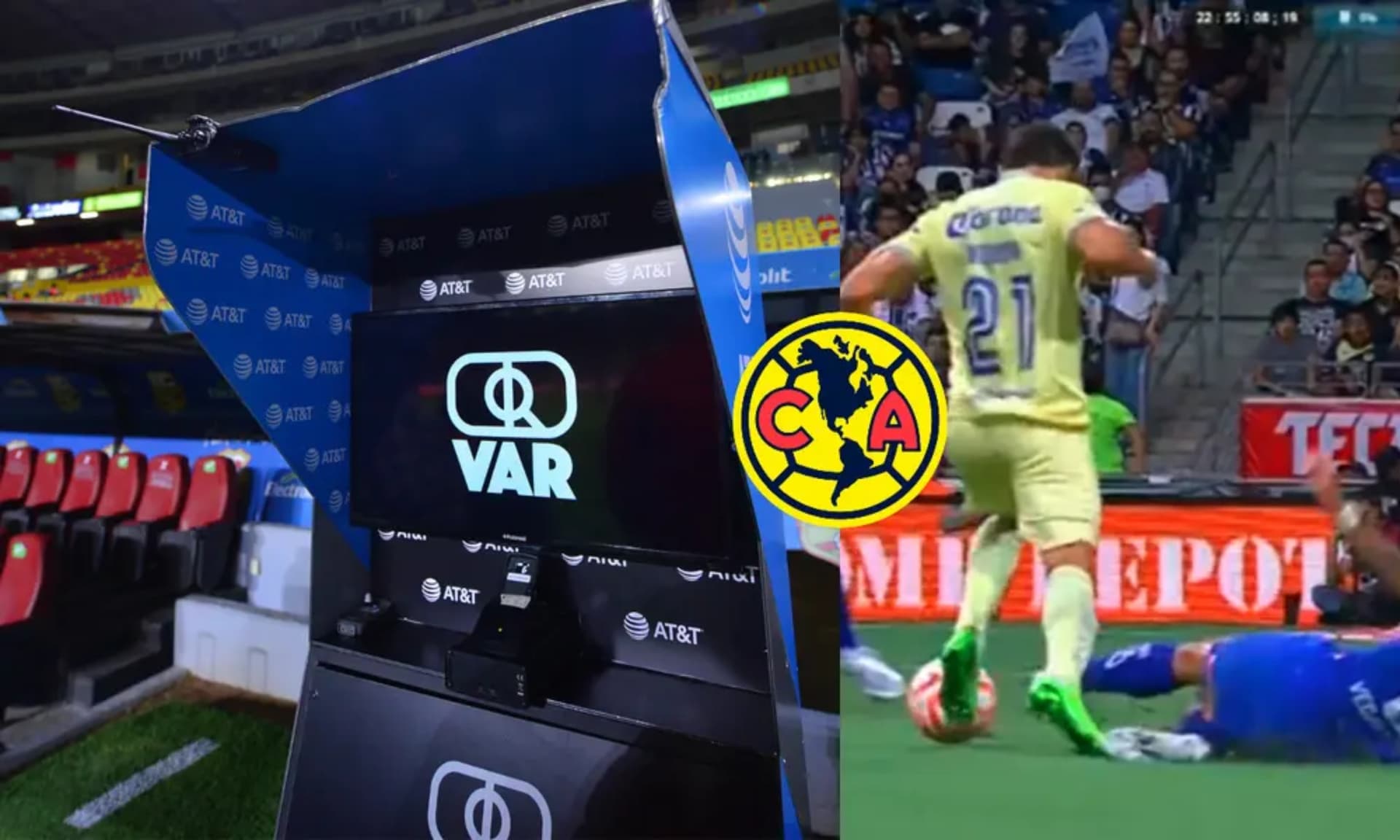 Pantalla del VAR y a la derecha, Henry Martín en una jugada con América / Imago