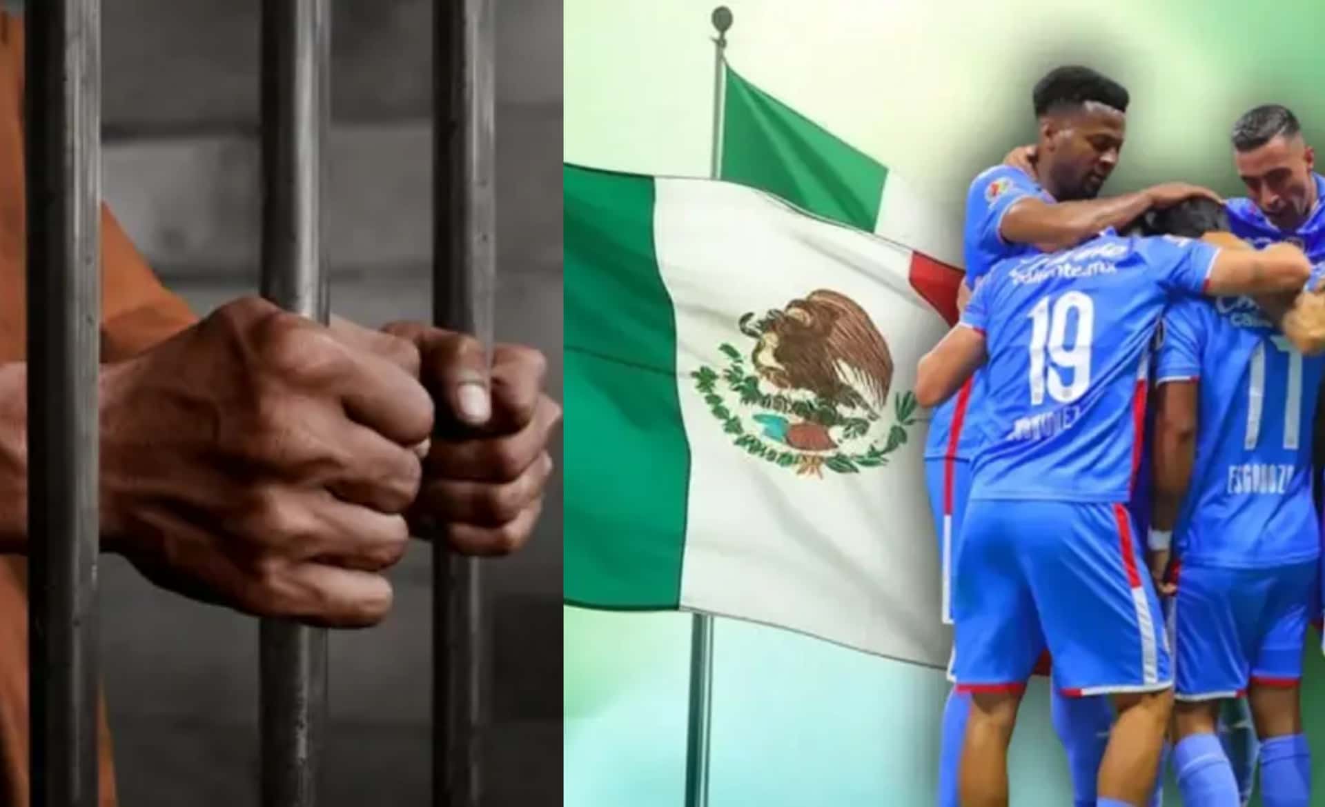 Persona apreta las barras de una cárcel, a la derecha, jugadores del Azul (Fuente: BBC y Mexsports)