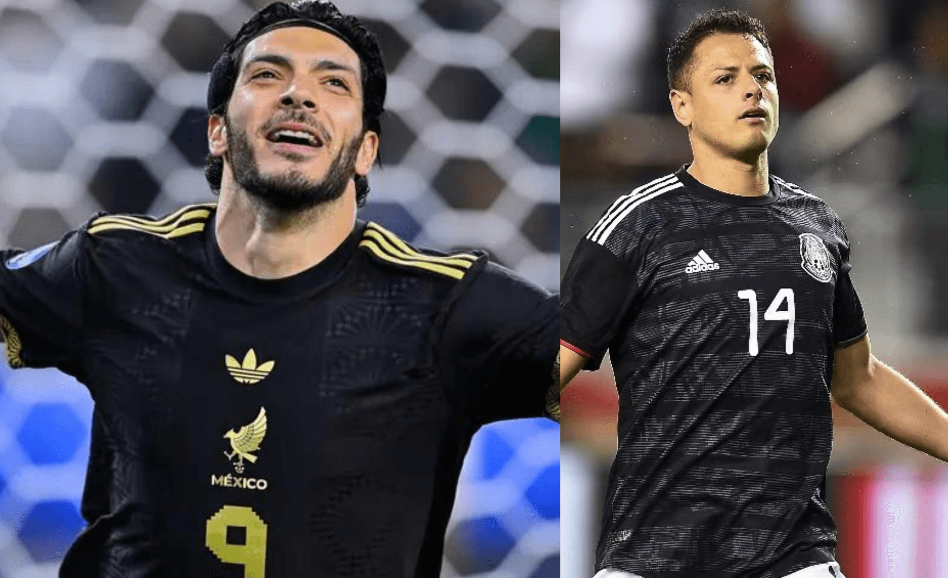 Raúl Jiménez festeja gol, a la derecha, Chicharito triste (Fuente: Mexsports)