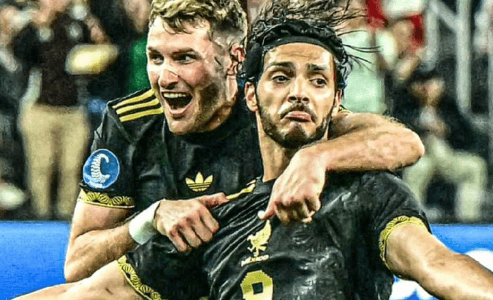Raúl Jiménez festeja gol de México con Santiago Giménez (Fuente: Mexsports)