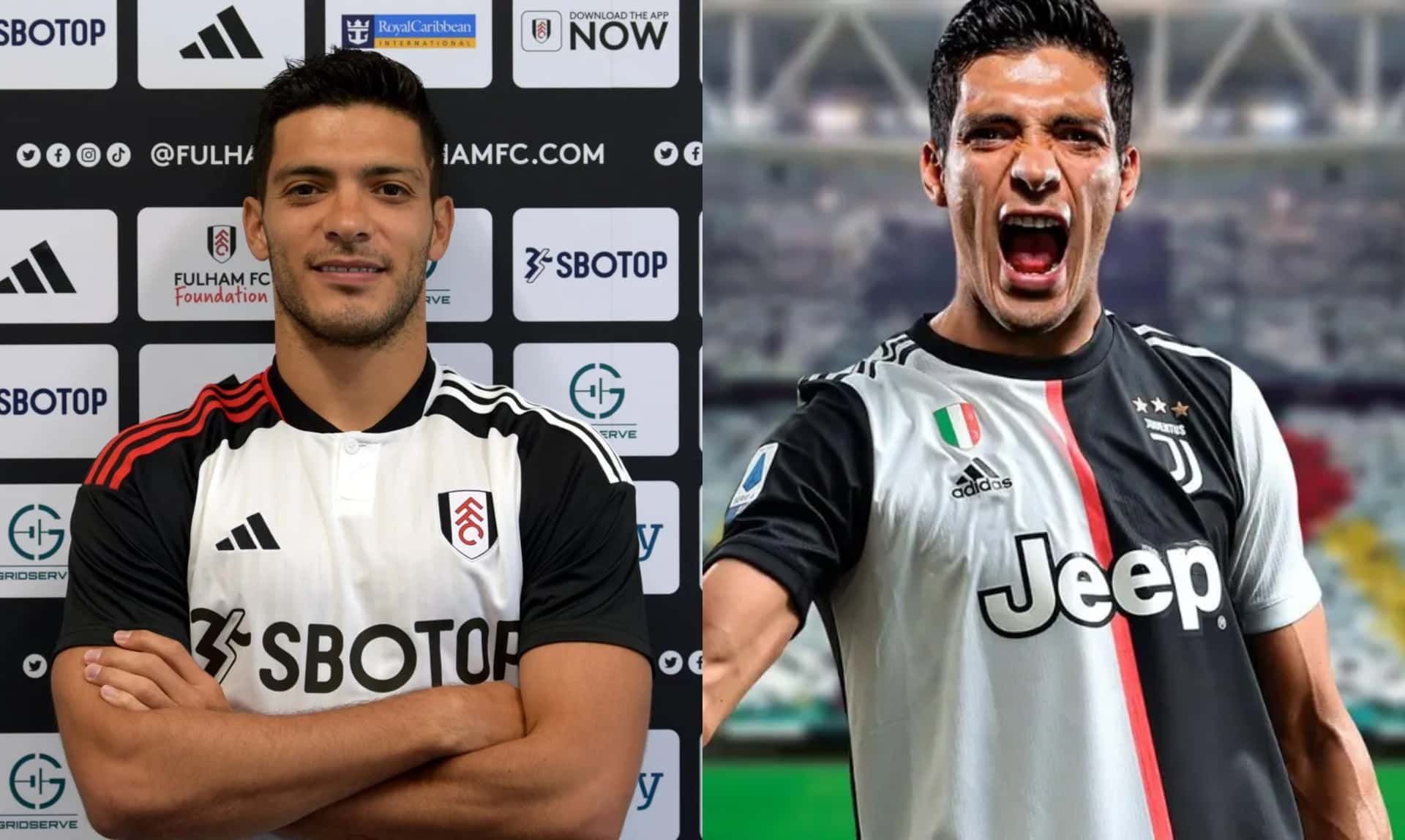 Raúl Jiménez presentado en Fulham, a la derecha, arte de Jiménez con la de Juventus (Fuente: Fulham y André Marín)