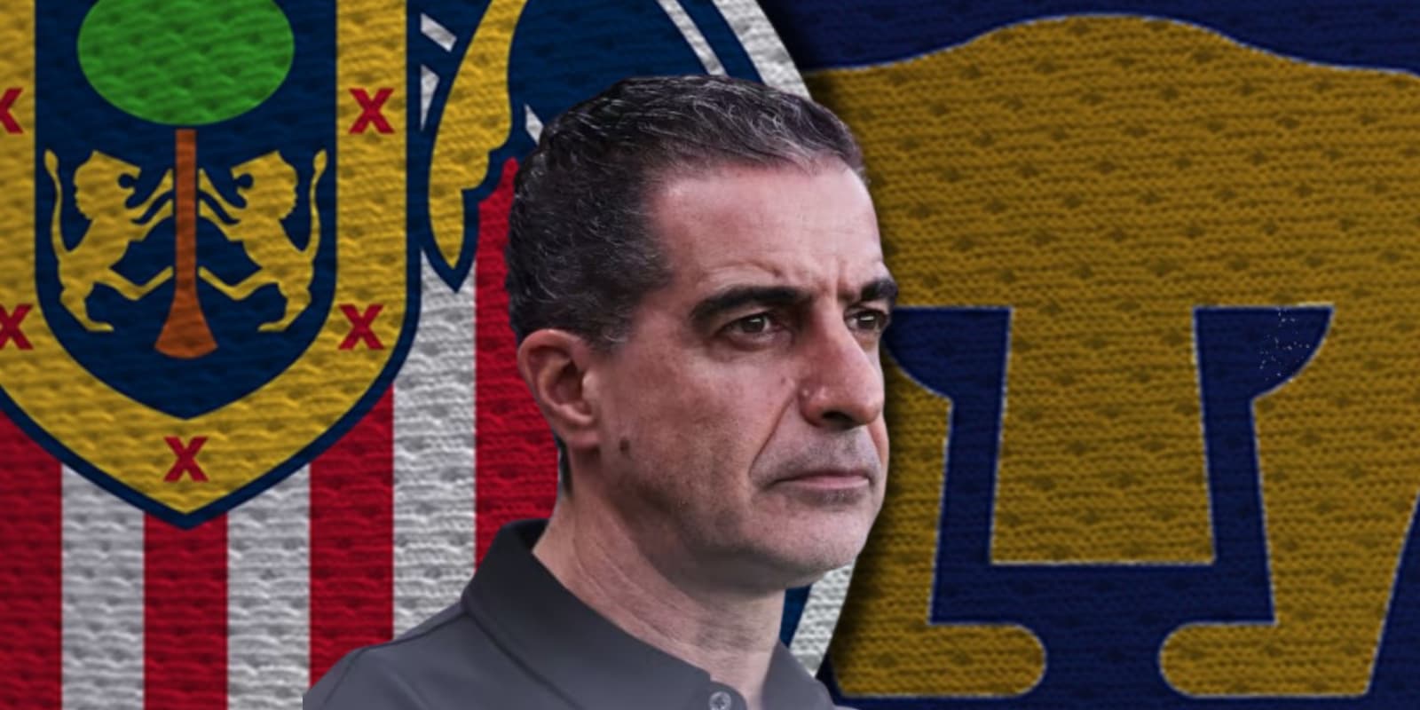 Renato Paiva junto a los escudos de Chivas y Pumas / FOTO W DEPORTES
