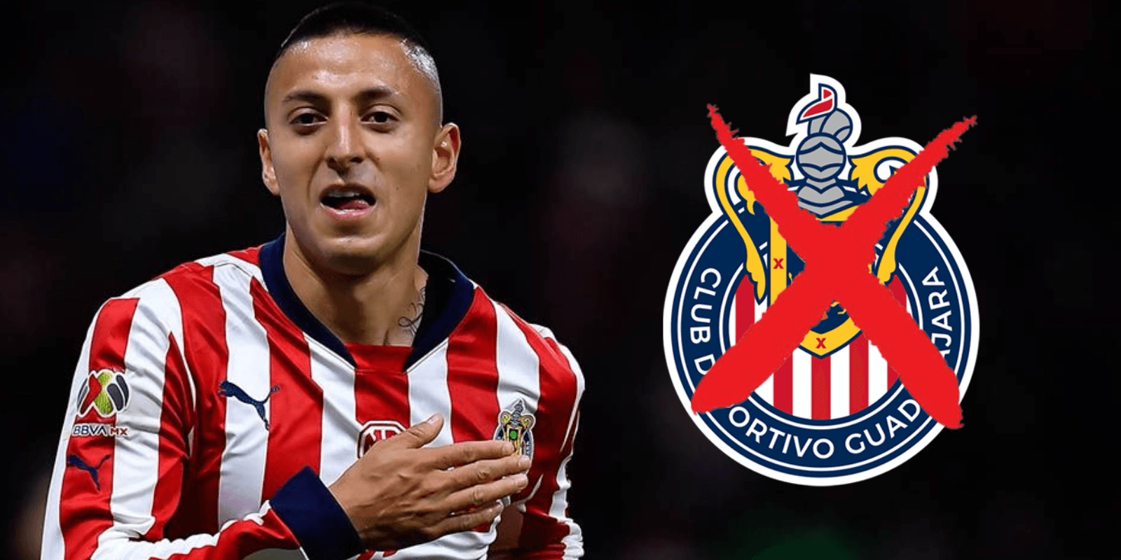 Roberto Alvarado junto al escudo de Chivas / FOTO FOX DEPORTES