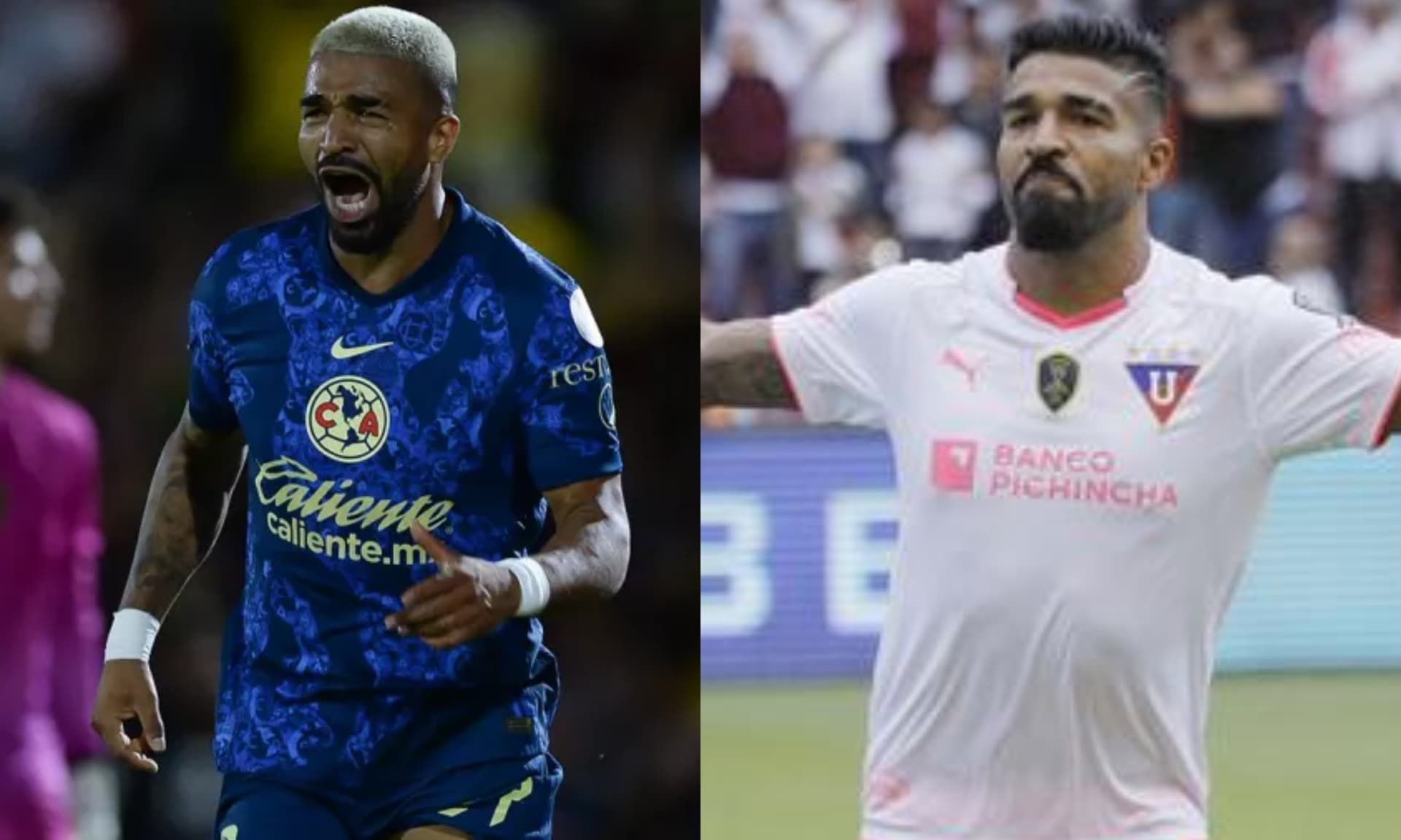 Rodrigo Aguirre festeja gol con el Club América, a la derecha, lo festeja con LDU (Fuente Fox y el Comercio)
