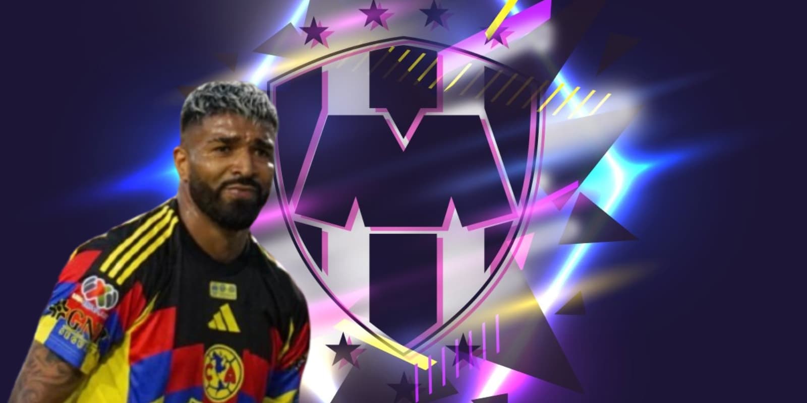 Rodrigo Aguirre junto al escudo de Rayados / FOTO EL FINANCIERO