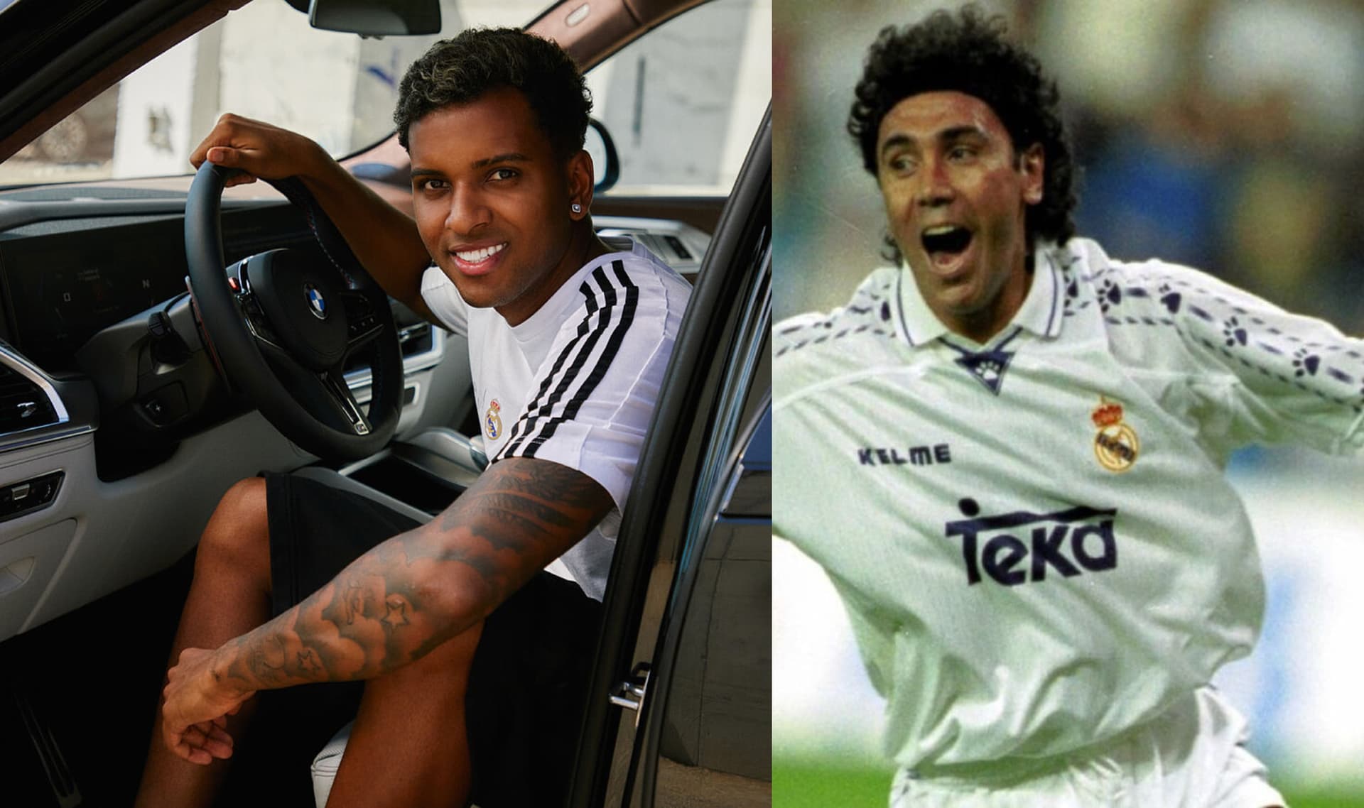 Rodrygo en su coche, en las instanaciones del Madrid, junto con él Hugo Sánchez festeja un gol / El Futbolero