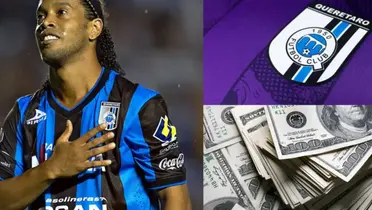 Ronaldinho con la playera de Querétaro, dinero y escudo de los Gallos / El Futbolero