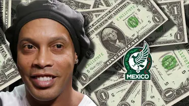 Ronaldinho y dinero de fondo, con el escudo de México / Infobae 