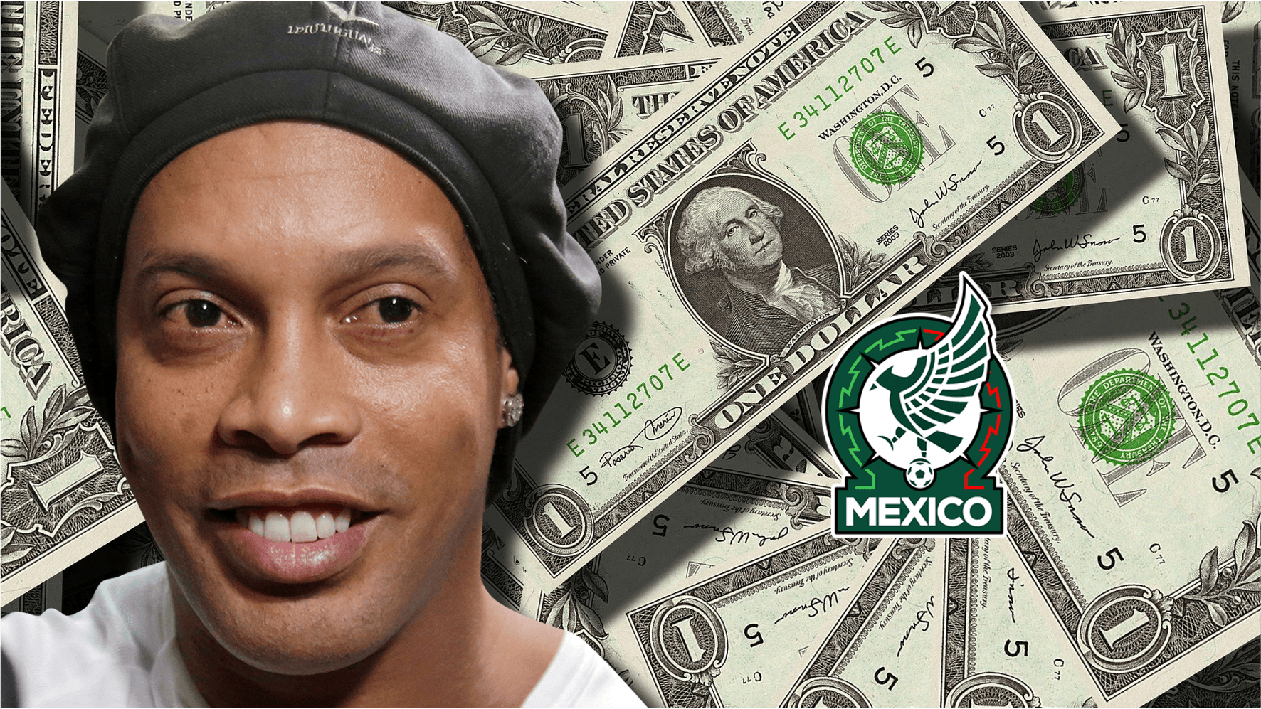 Ronaldinho y dinero de fondo, con el escudo de México / Infobae