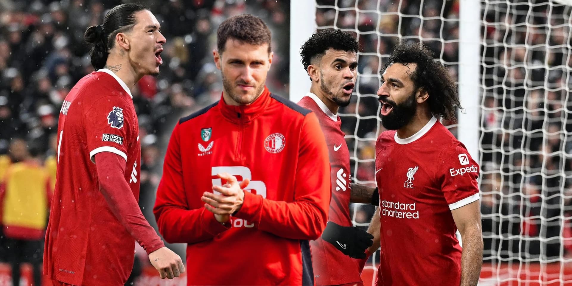 Santiago Giménez, delantero del Feyenoord y jugadores del Liverpool