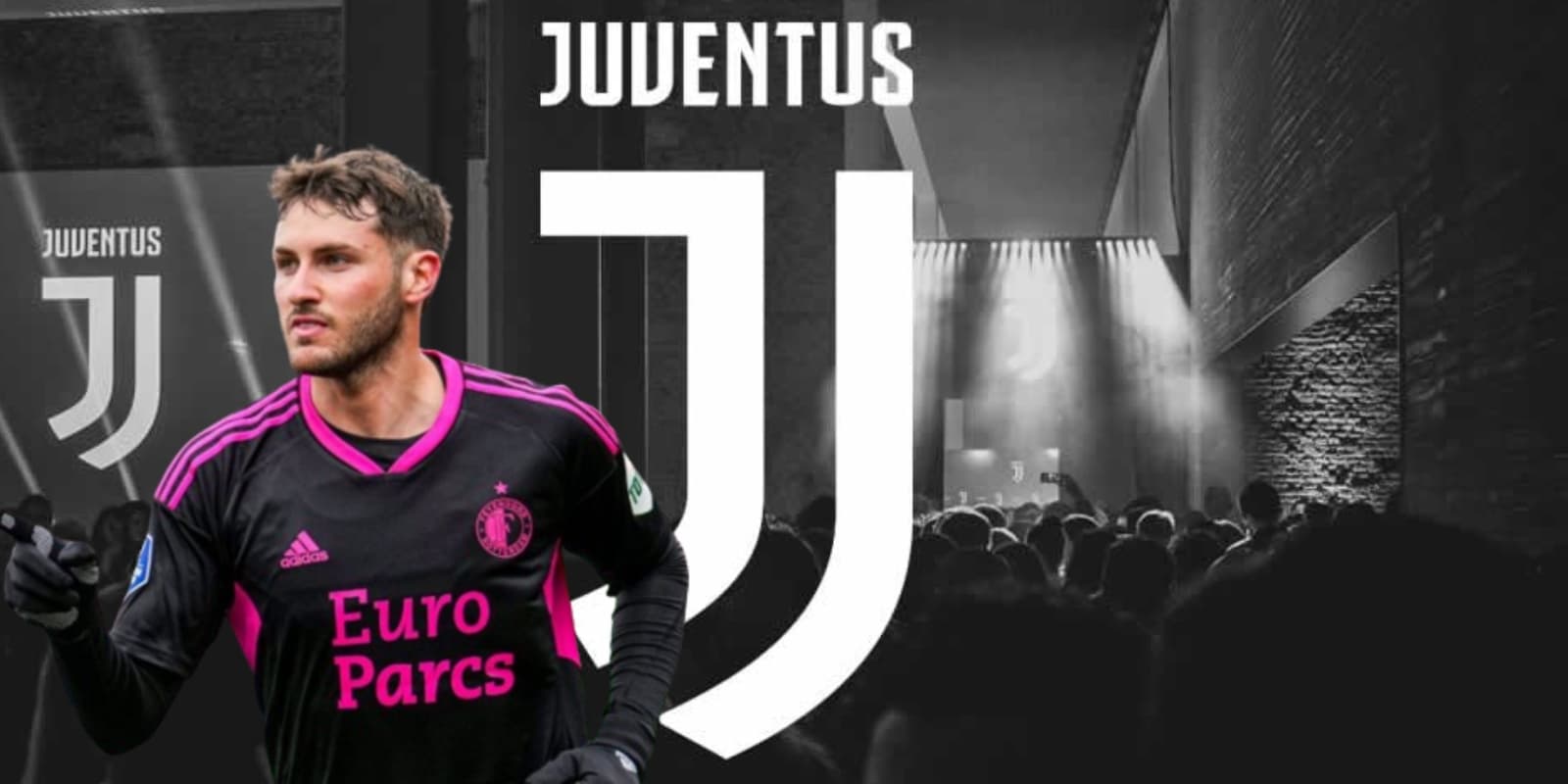 Santiago Giménez portando la playera del Feyenoord detrás del escudo de la Juventus / FOTO ESTO
