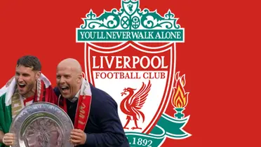Santiago Giménez y Arne Slot junto al escudo del Liverpool