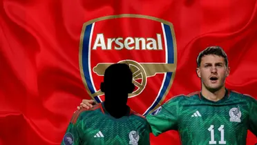 Santiago Giménez y jugador mexicano junto al escudo del Arsenal / FOTO MEXSPORT