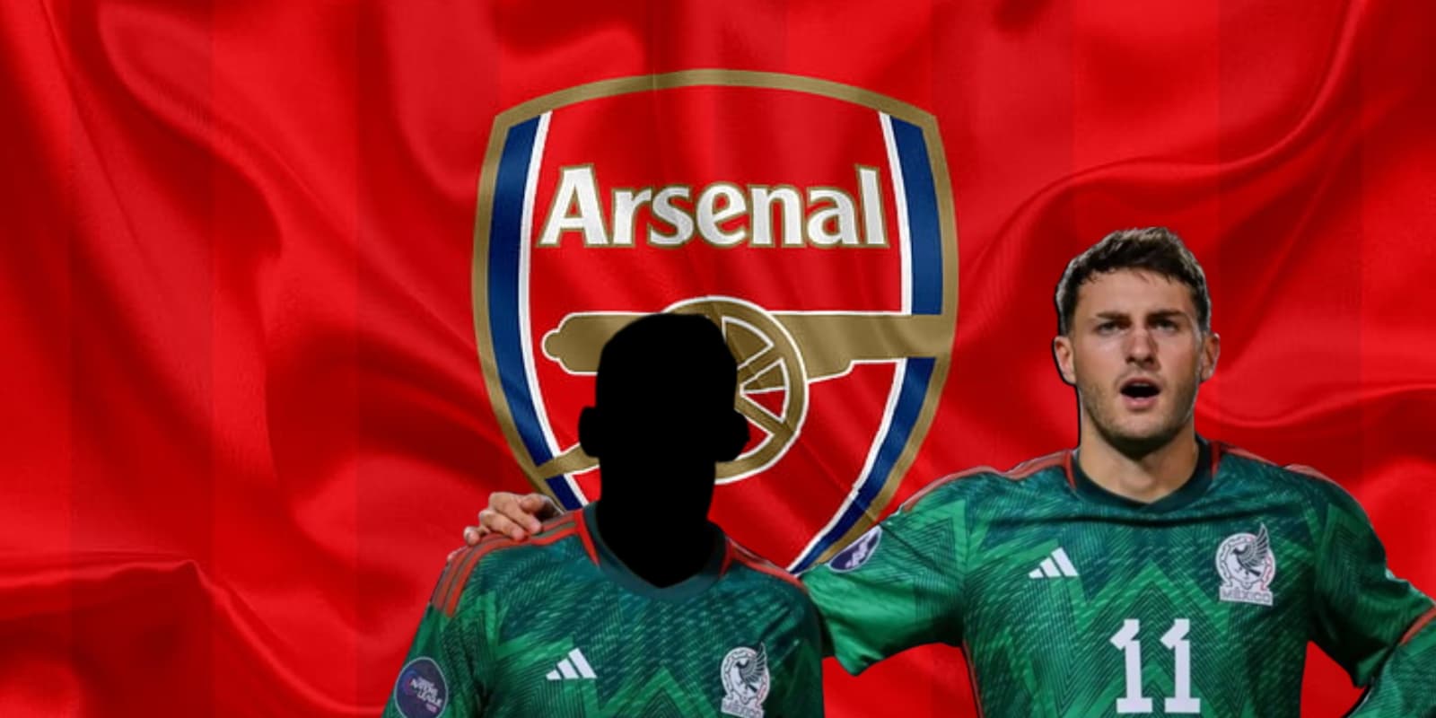 Santiago Giménez y jugador mexicano junto al escudo del Arsenal / FOTO MEXSPORT