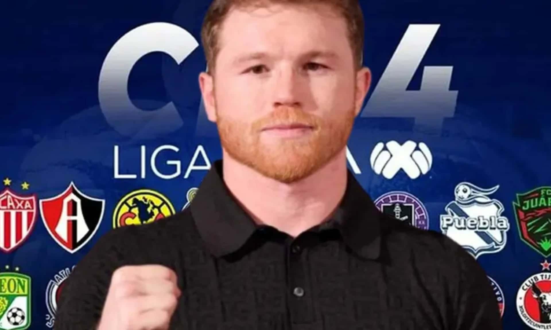 Saúl Álvarez al frente y de fondo los escudos de la Liga MX / E Fútbol