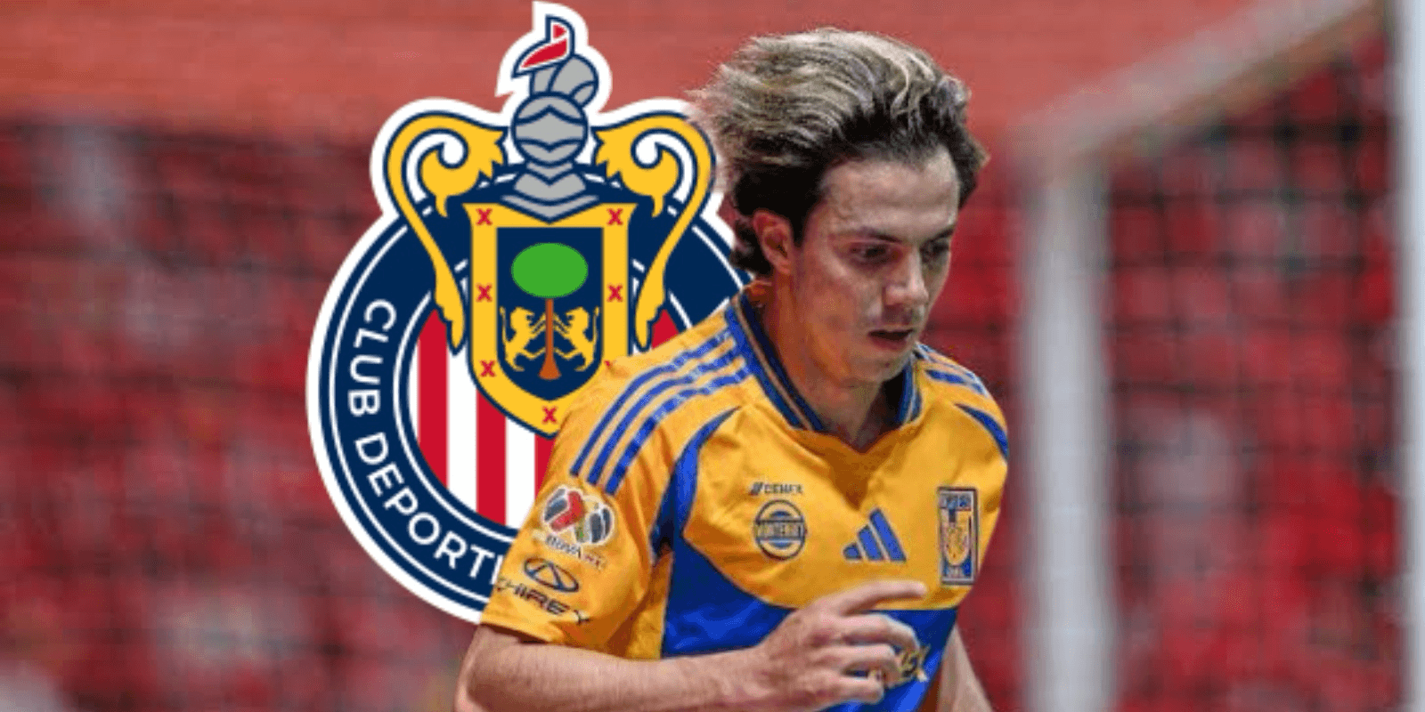 Sebastián Córdova junto al escudo de Chivas / FOTO ESTO