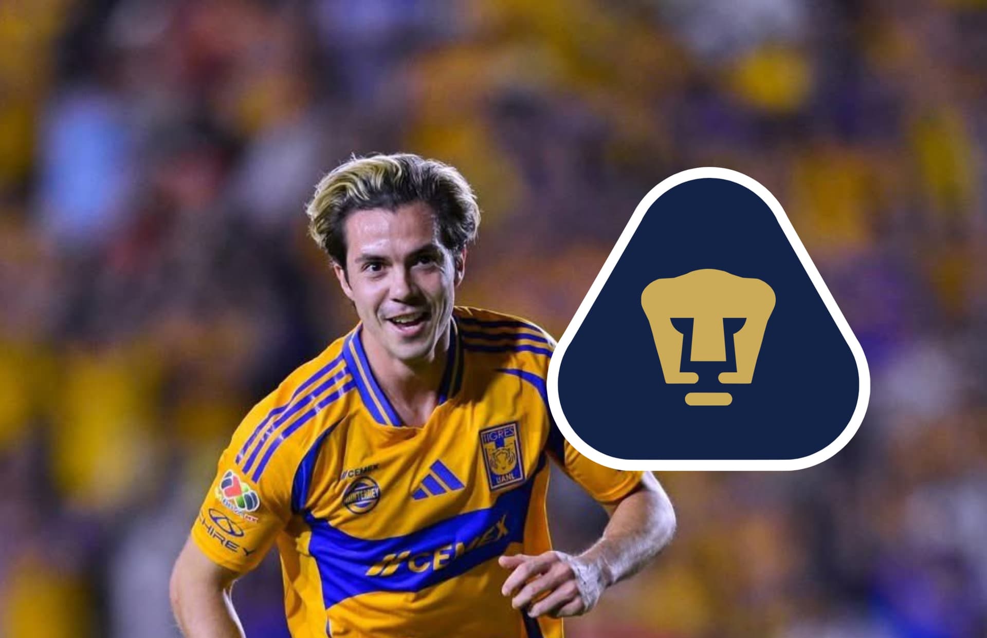 Sebastián Córdova y escudo de Pumas/ Foto Tigres.