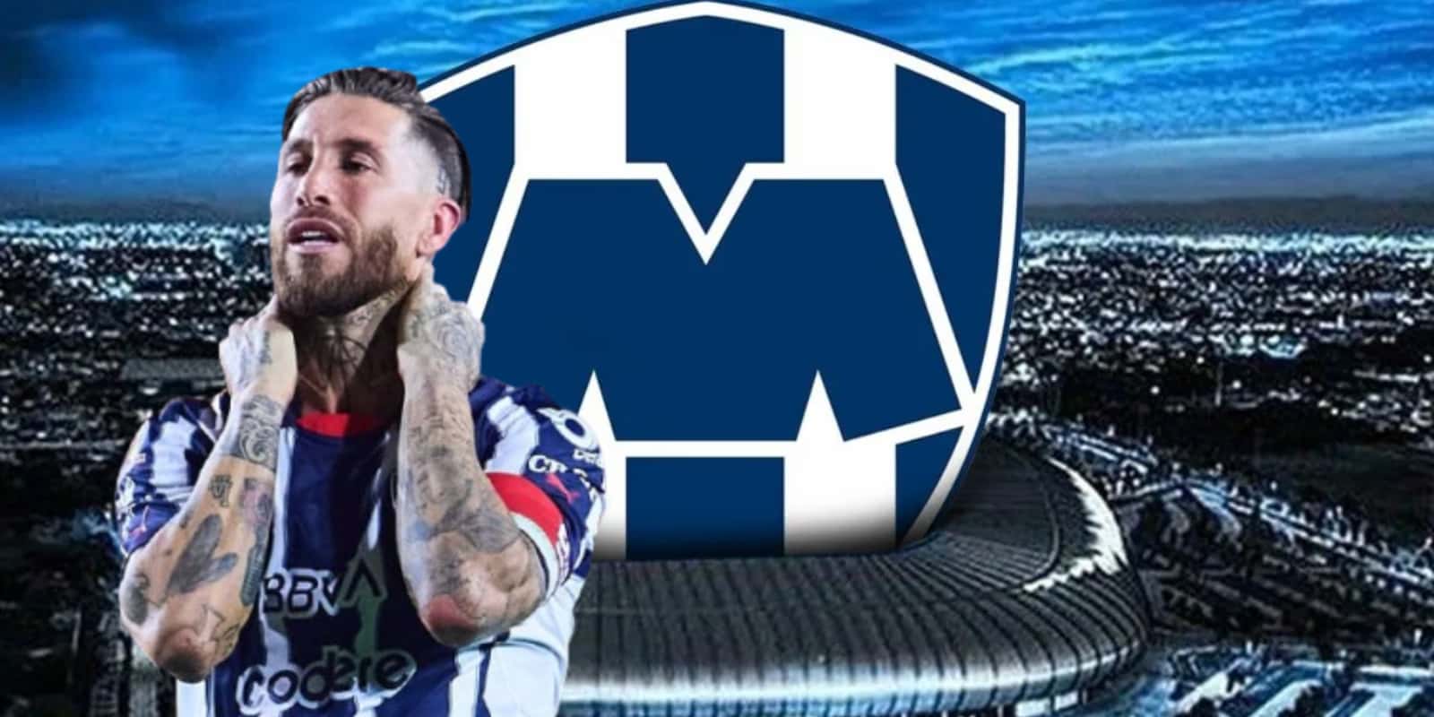 Sergio Ramos junto al escudo de Rayados / FOTO FOX DEPORTES