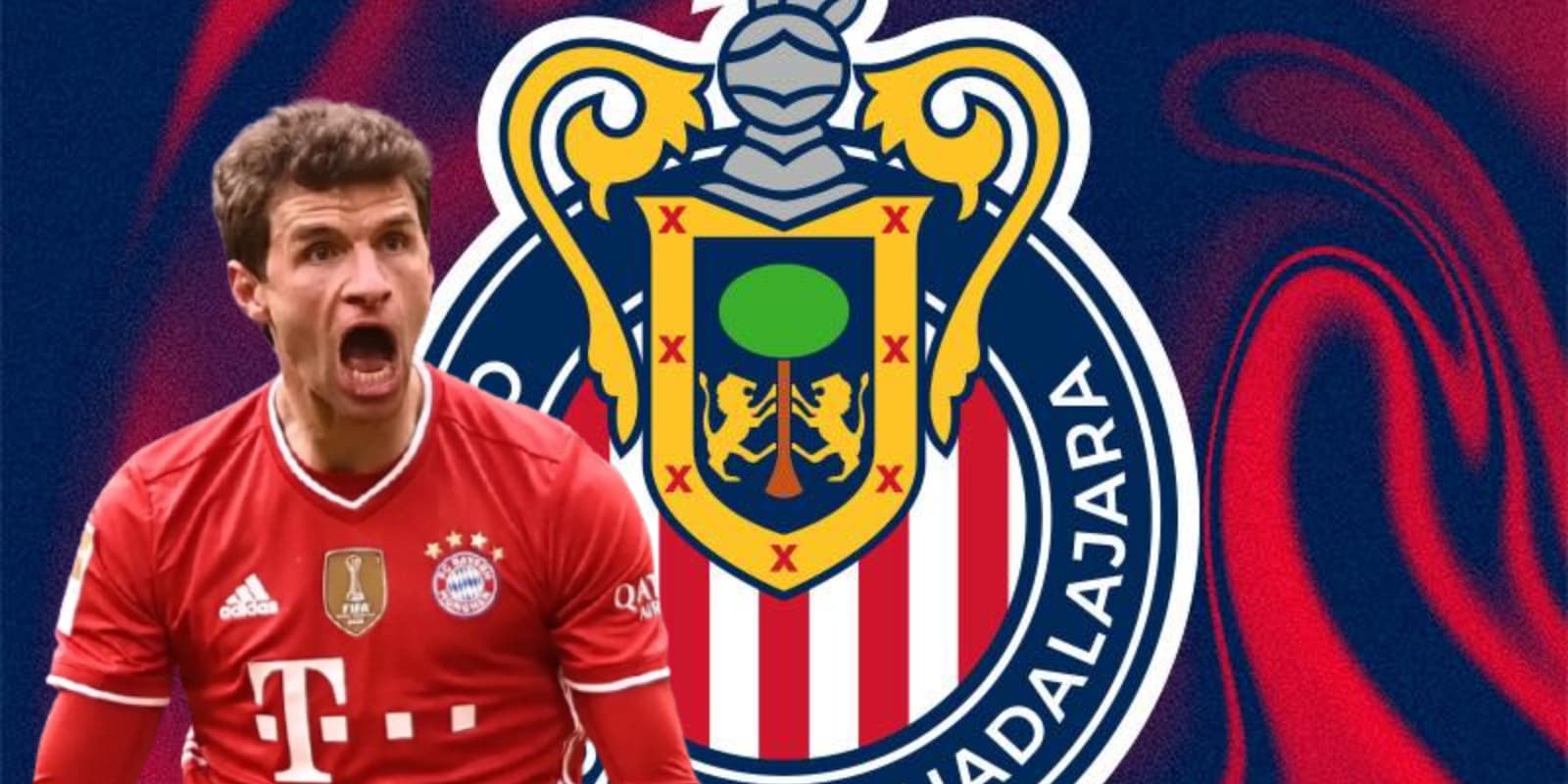 Thomas Müller junto al escudo de Chivas / FOTO GOAL