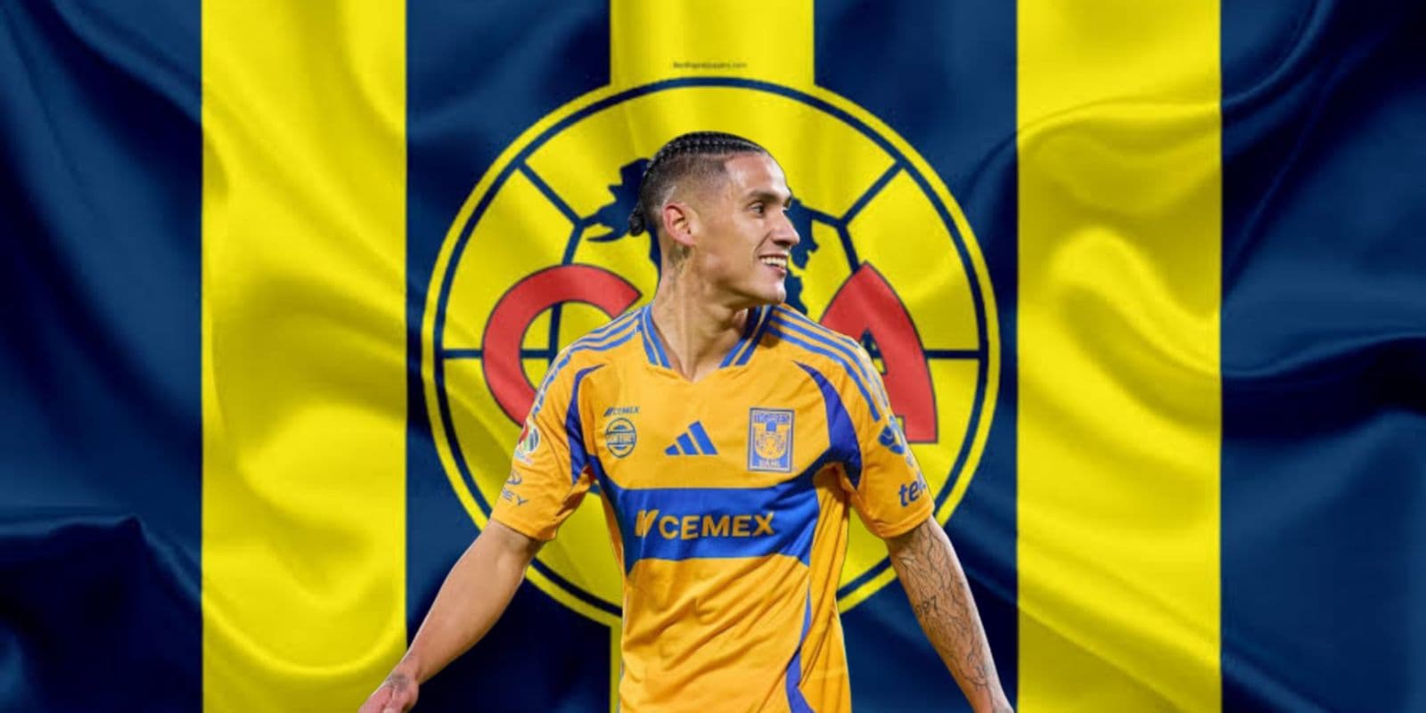 Uriel Antuna y al fondo el escudo del Club América (Foto: Especial)