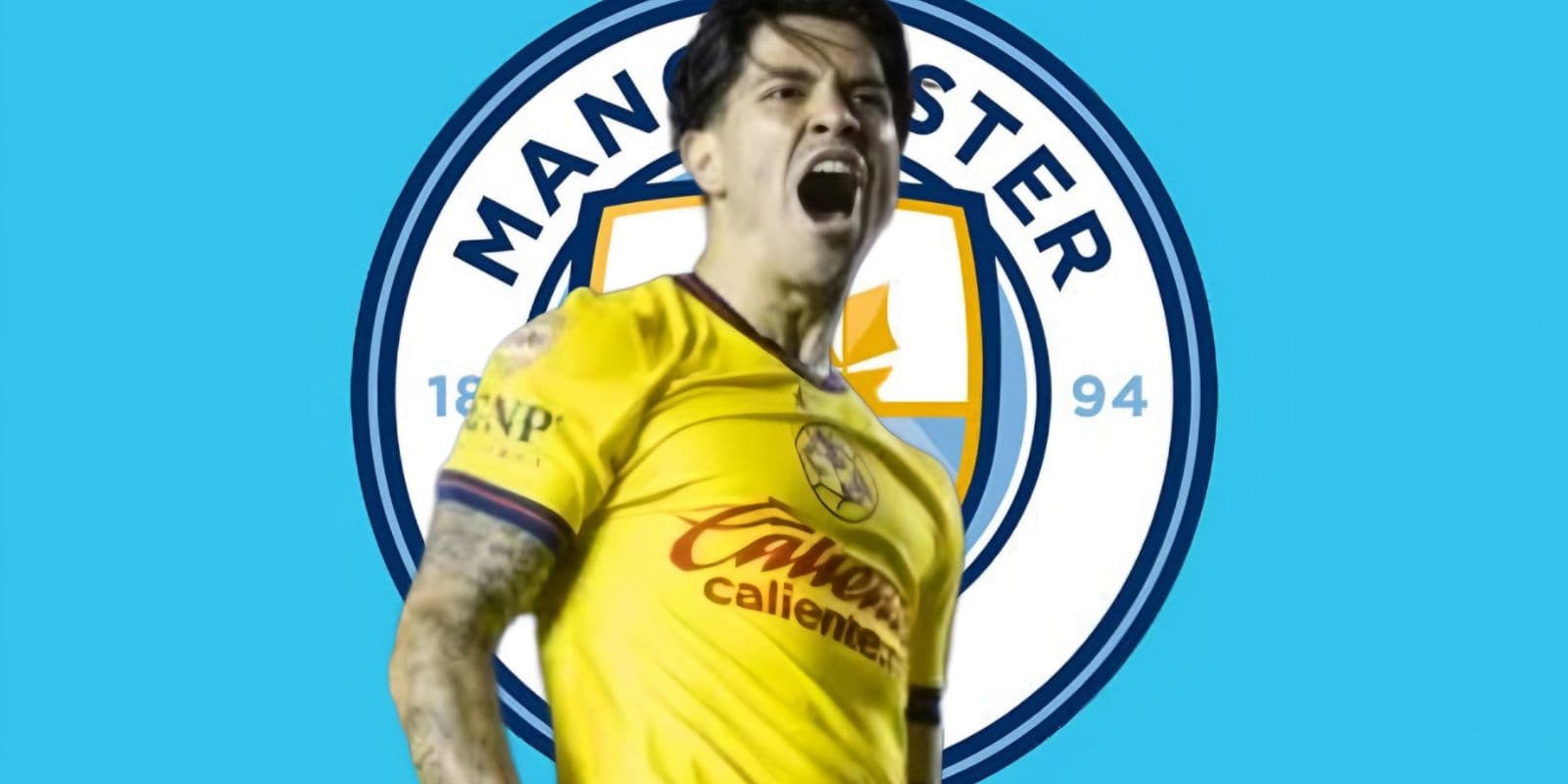 Víctor Dávila y al fondo el logo del Manchester City (Foto: Imago7)