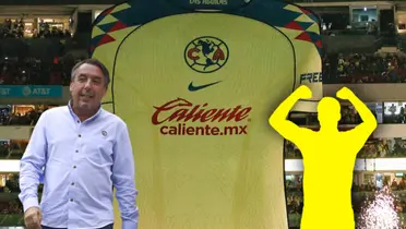 Emilio Azcárraga caminando y silueta de futbolista celebrando/ Foto América.