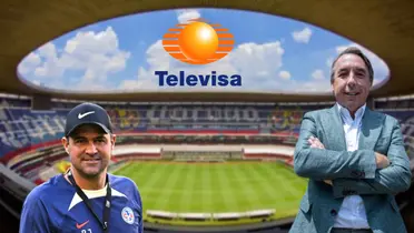 Emilio Azcárraga de brazos cruzados, André Jardine y el logo de Televisa/ Foto Club América.