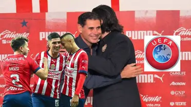 Amaury y Hierro abrazándose y jugadores de Chivas celebrando 
