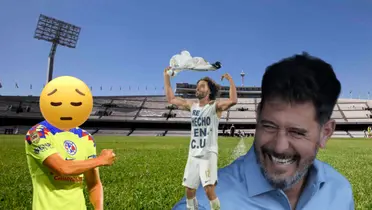 César Huerta y Gustavo Lema riendo, a su lado un jugador de América/ Foto Pumas.