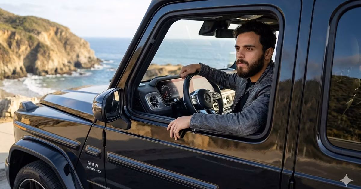 Gabriel en su Mercedez