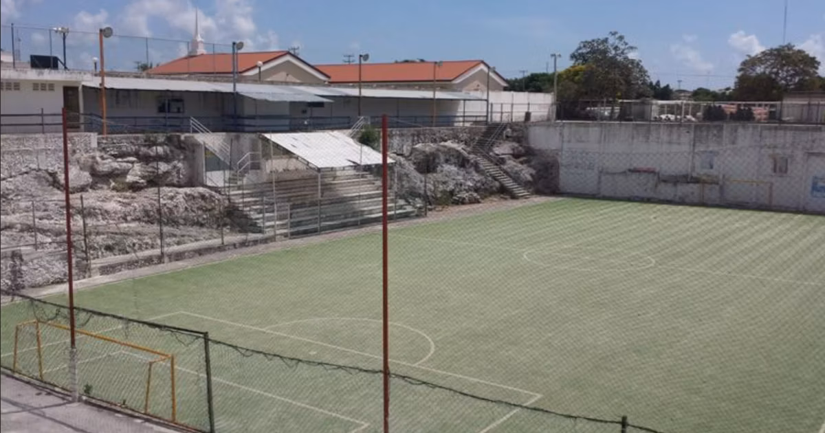 Cancha de fútbol bonita en el medio de varias casas