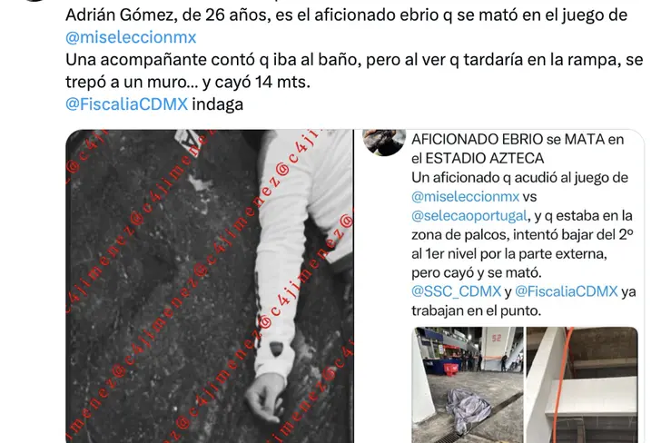 El aficionado cayó 14 metros del estadio