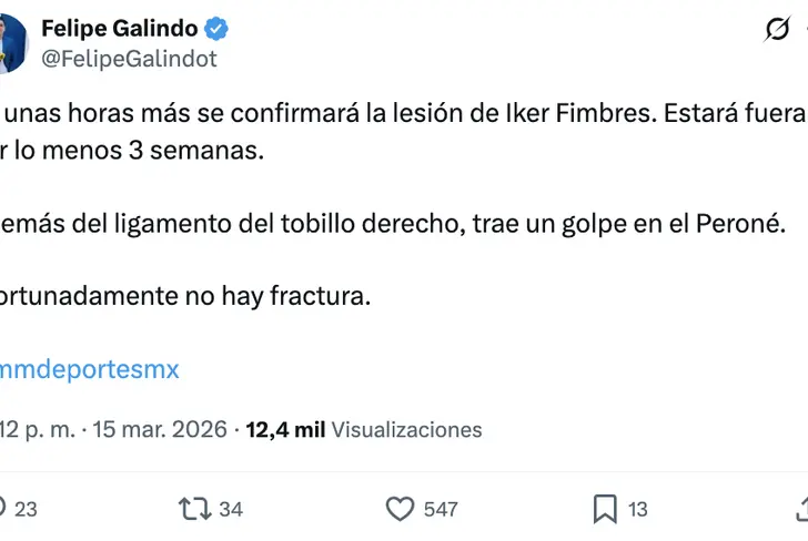 Felipe Galindo revela que Iker Fimbres se pedería al menos 3 partidos